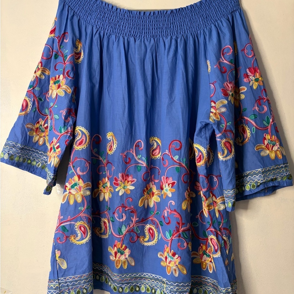 Women’s embroidered cotton blouse colorful art to wear artsy boho breathable - Picture 6 of 8